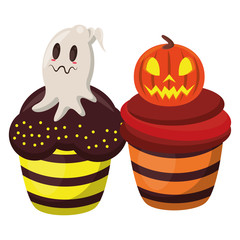 halloween sweet cupcakes with pumpkin and ghost