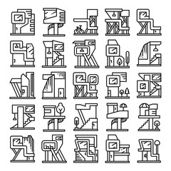 modern building and house, modern architecture design line icons