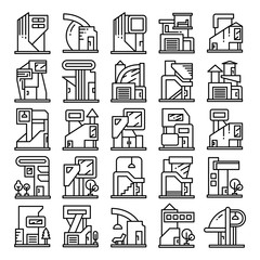 modern building and house, modern architecture design line icons