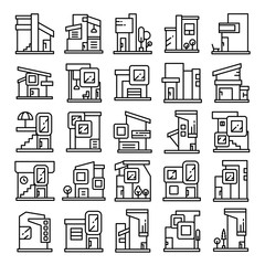 modern building and houses, modern architecture design line icons