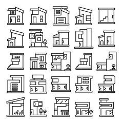modern building and houses, modern architecture design line icons
