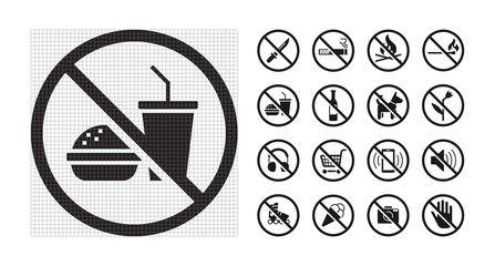 High quality prohibition signs collection isolated on white. Urban rules. Monochrome, one color, in one paint, black and white.