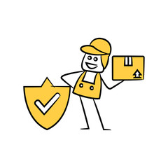service man, delivery man holding box and shield and check mark stick figure theme