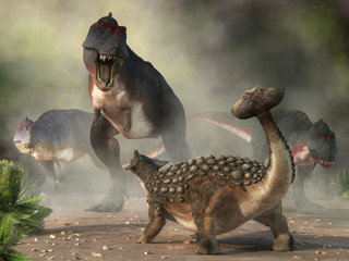 An anklyosaurus raises his clubbed tail and faces off against three approaching tyrannosaurus-rexes in this Cretaceous era illustration. 3D rendering.