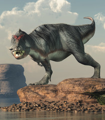 A gray and white tyrannosaurus rex grins at you. This dangerous carnivorous dinosaur of the Cretaceous period looks hungry.  By an arid lake. 3D Rendering