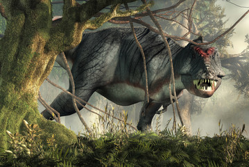 A gray and white tyrannosaurus emerges from the jungle. This dangerous carnivorous dinosaur of the Cretaceous bares his wicked teeth. 3D Rendering