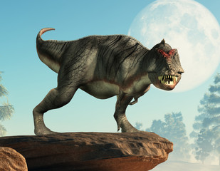 A gray and white tyrannosaurus stands on a cliff before the full moon. This carnivorous dinosaur of the Cretaceous period looks ready to eat you. 3D Rendering