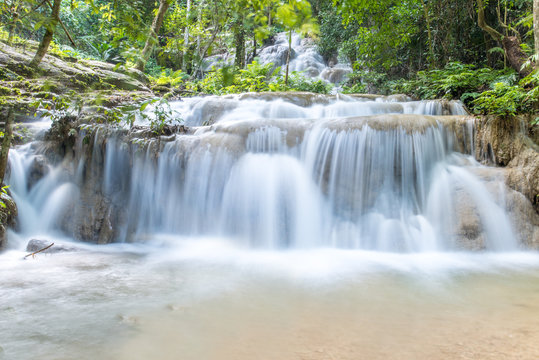 Pu Kang Waterfall in Phan district of Chiang Rai province of Thailand. Beautiful limestone waterfalls in deep jungle of Thailand. © boyloso