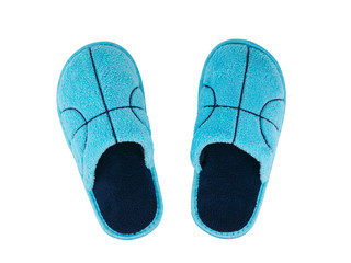 Pair of blue Slippers with dark blue embroidery isolated on white background.