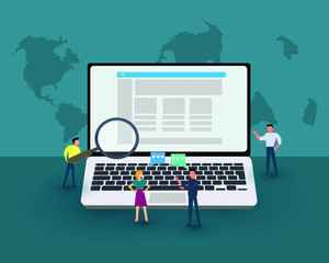 Search concept illustration of people using laptop computer for  research working concept. Flat men near big gadgets with earth symbols