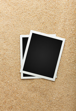 Photo frame on sand background, path inside frame