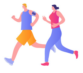 Fototapeta na wymiar Happy couple running. Man and woman is engaged in fitness. Morning jogging. Active and healthy lifestyle. Vector illustration in cartoon style
