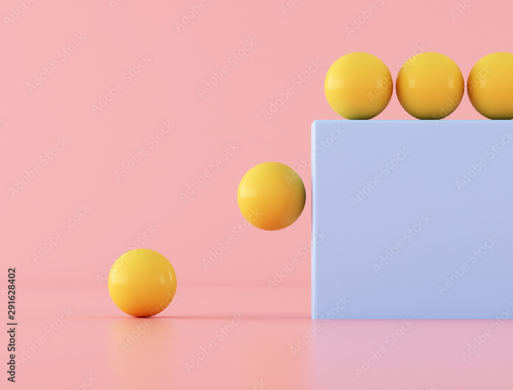 Aufkleber yellow ball falling from the blue rectangle on pink background,minimal style. 3d rendering