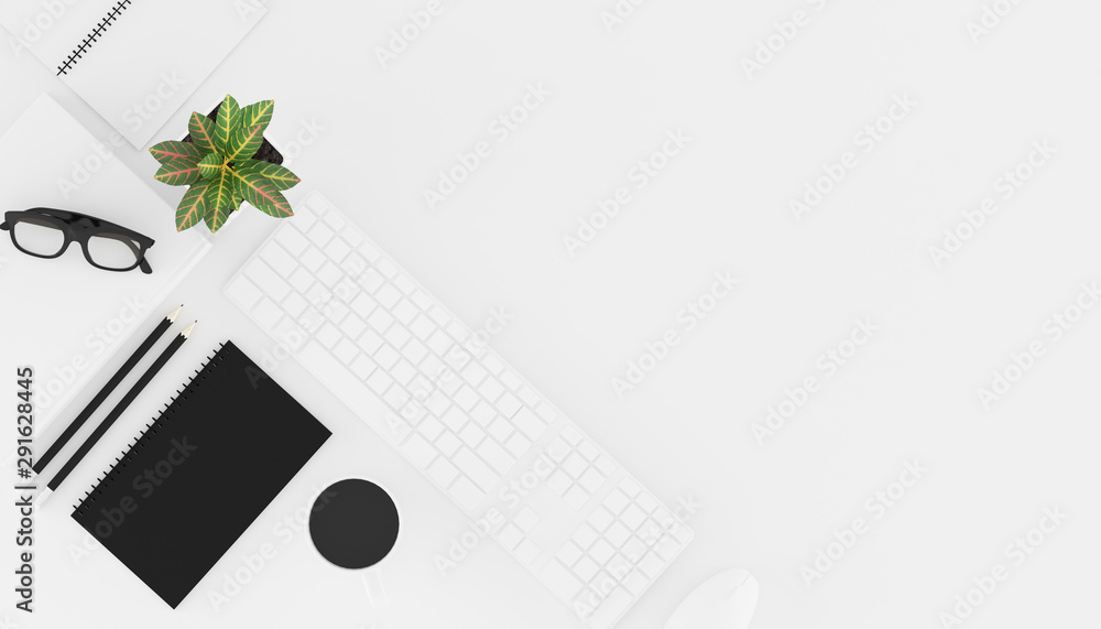 Poster top view of workplace with accessories,business text space on white table,notebook,keyboard,cup of b