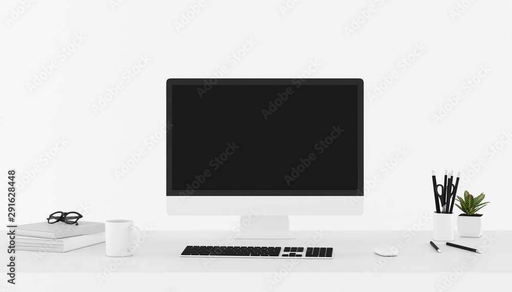 Poster mock up of workplace with accessories,business text space on white background,notebook,keyboard,cup 