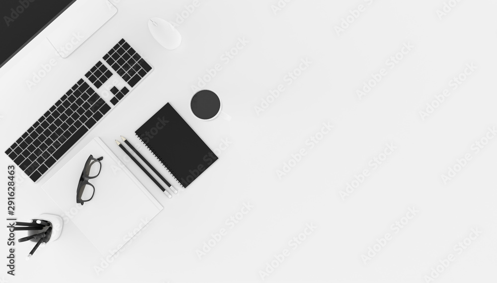 Aufkleber top view of workplace with accessories,business text space on white table,notebook,keyboard,cup of b