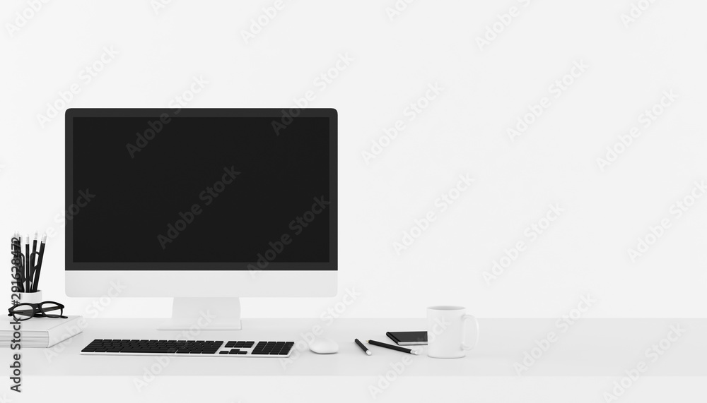 Poster Mock up of workplace with accessories,business text space on white background,Notebook,keyboard,cup of black coffee,pencils and computer.3D rendering.