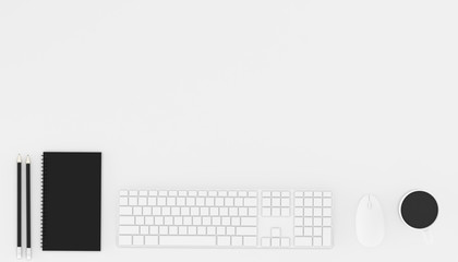 Top view of workplace with accessories,business text space on white table,Notebook,keyboard,cup of black coffee,pencils and computer.3D rendering.