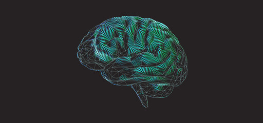 Green polygonal brain graphic design on dark BG