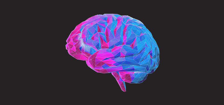Colorful polygonal brain graphic design on dark BG