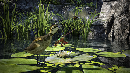 Frog and duck baby chase after a dragonfly. 3d art, 3d illustration, 3d rendering