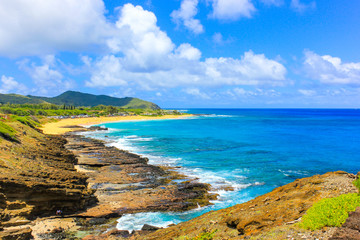 Beautiful view of Sandy beach at Halona Point Blowhole in Oahu, Hawaii