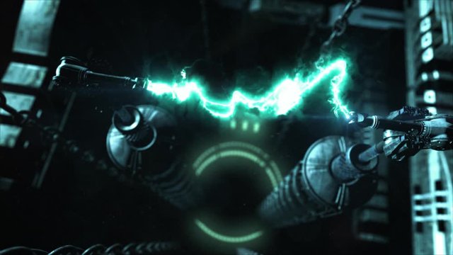 Realistic 3D render of a fantasy machine in the steampunk style, with plasma energy beam