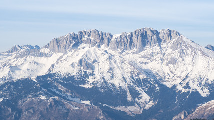 Fototapeta na wymiar Presolana is a mountain range of the Orobie, Italian Alps. Landscape in winter with snow