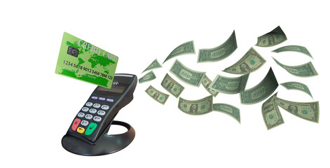 pos device credit  card dollars hand   point of sale  isolated
