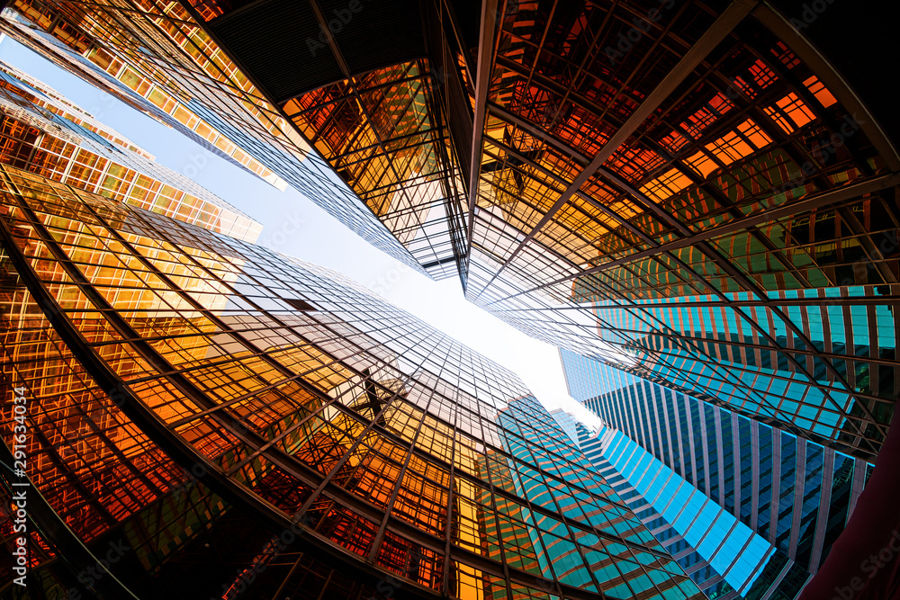 Poster modern glass skyscrapers perspective in the city