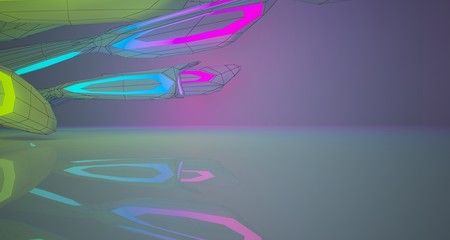 Abstract architectural drawing white interior of a minimalist house with color gradient neon lighting. 3D illustration and rendering.