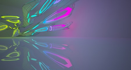 Abstract architectural drawing white interior of a minimalist house with color gradient neon lighting. 3D illustration and rendering.