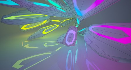 Abstract architectural drawing white interior of a minimalist house with color gradient neon lighting. 3D illustration and rendering.