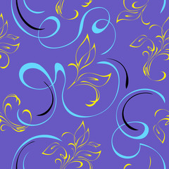 seamless pattern with yellow stylized leaves and with curls on a blue background