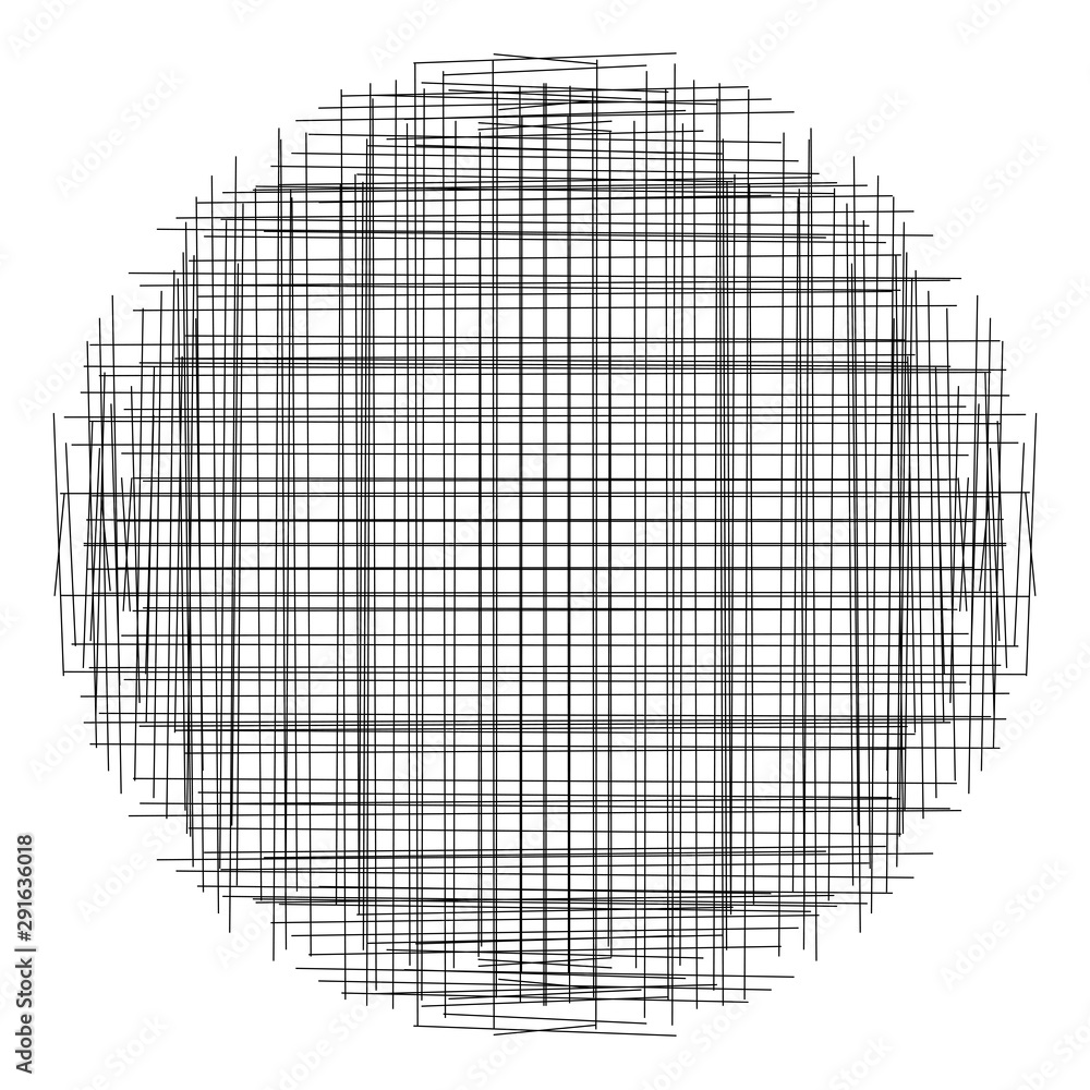 Poster Crosshatch, tangle lines circle. Scribble, sketchy random intersecting lines grid, mesh. Abstract geometric circle. Sketch circular element. Criss-cross stripes