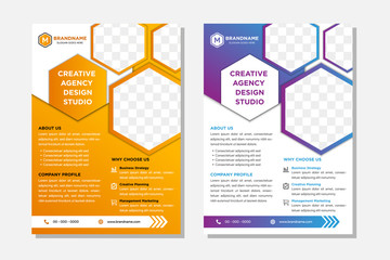 geometric hexagon flyer with hexagon layout space for photo collage. gradient orange and blue colors. 