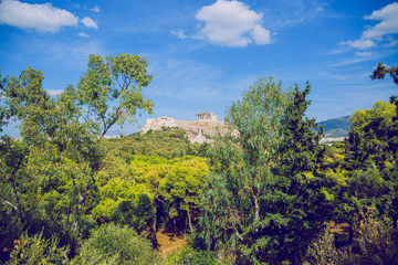 Fototapeta na wymiar City Athens, Greece Republic. Acropolis and mountain. Sep 11 2019. Travel photo.