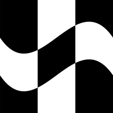 Oscillation, ripple, squeeze warp. Curve, camber element. Wavy, waving distortion on checkered, chequered, chess board pattern. Billowy, undulating deformation on squares, chess background