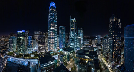 Clear moonless night with the San Francisco skyline makes the city a cool electric blue