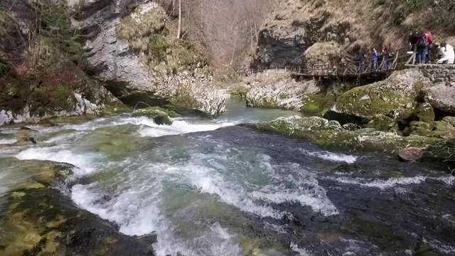 Aerial - Flying low above Soteska Vintgar. Gorge, Slovenia