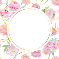 A beautiful blank for a card with careless watercolor pink peonies and roses, with a gold frame and a white background. For a wedding, a birthday. Delicate pastel colors for design.