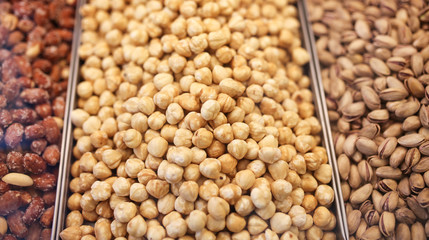 Hazelnuts on the counter in the market