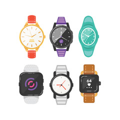 Classic men's and women's watches set of vector icons. Watch for businessman, smartwatch and fashion clocks collection.