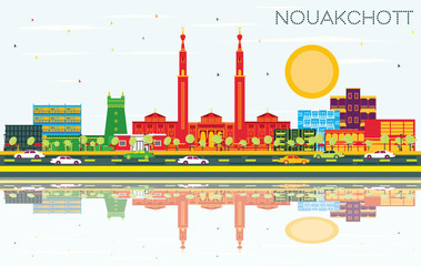 Fototapeta premium Nouakchott Mauritania City Skyline with Color Buildings, Blue Sky and Reflections.