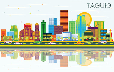 Taguig Philippines City Skyline with Color Buildings, Blue Sky and Reflections.