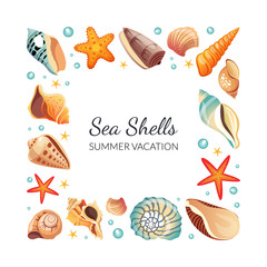 Sea Shells Square Frame, Seashells Border Template with Space for Text, Summertime Banner