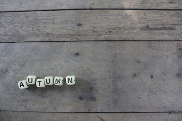 A group of wooden cube that spelling a word 'Autumn'. The background is also wooden floor. There's a copy space for your text.