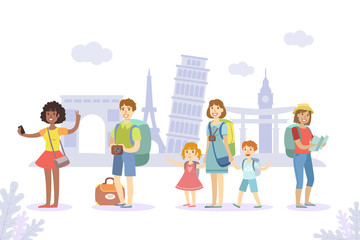 Fototapeta premium Traveling People Set, Tourists with Luggage Sightseeing and Making Photo Vector Illustration