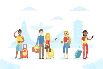 Traveling People Set, Tourists with Luggage Sightseeing and Making Photo on Summer Vacation Vector Illustration