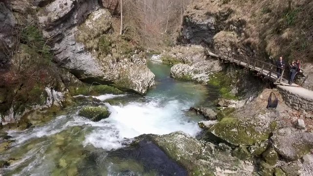 Aerial - Flying low above Soteska Vintgar. Gorge, Slovenia